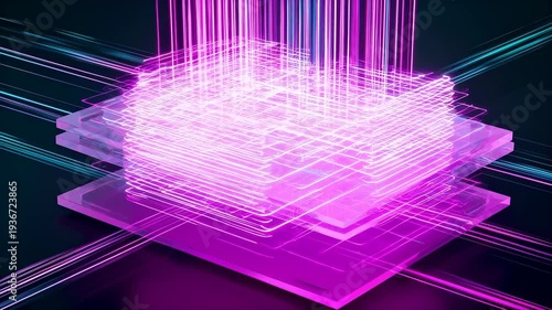 Receiving neon beams, stacked plates energizing into dense grid circuitry for power-up on dark base