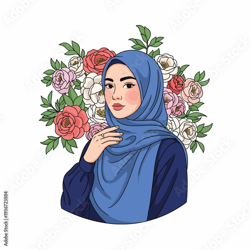 A woman in a blue hijab standing in front of colorful flowers