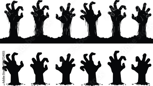 Silhouette illustration of zombie hands emerging from ground in realistic and cartoon styles, symbolizing horror, Halloween, undead creatures, spooky design, and scary concept artwork.