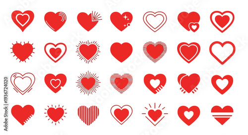 Collection of modern red heart icons in various styles and designs