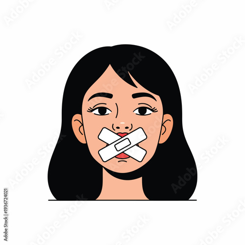 A woman's face with tape over her mouth