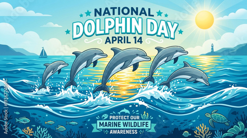 Dolphins jumping out of ocean waves on national dolphin day promoting marine wildlife awareness and conservation