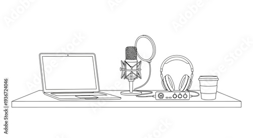 Modern Podcast and Radio Studio Setup with Laptop, Microphone, Headphones on Desk in Bright Studio.