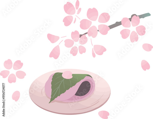 桜餅と桜の枝の和風ベクターイラスト　皿にのった春の和菓子と桜の花