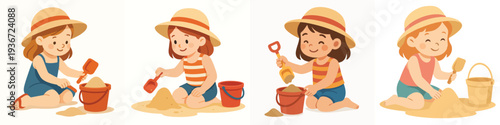 Vector of little girl playing in the sand with a bucket and shovel. Vector, flat, illustration, minimalist, icon, icon set