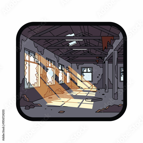 Abandoned room with broken windows and debris