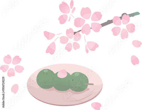 桜の枝とよもぎ団子の和風イラスト 春の和菓子