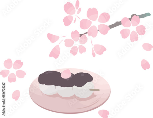 桜の枝とあん団子の和風イラスト 春の和菓子
