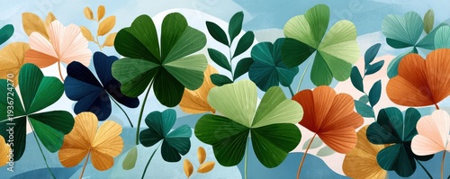 Watercolor St. Patrick's Day shamrocks and clover leaves floating in a festive green pattern