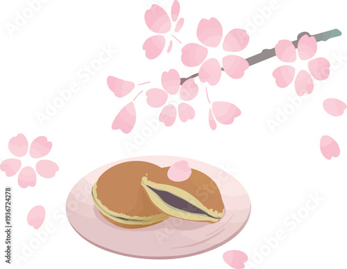 桜の枝とどら焼きの和風イラスト 春の和菓子