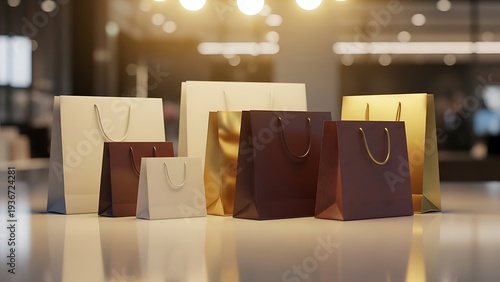 Luxury shopping bags on display surface.