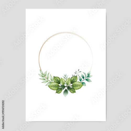 wedding invitation card template with green leaf watercolor on white background