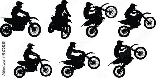 Dirt bike rider silhouette illustration, motocross stunt artwork, extreme sport design, motorcycle jump concept, wheelie posture artwork, offroad biking performance
