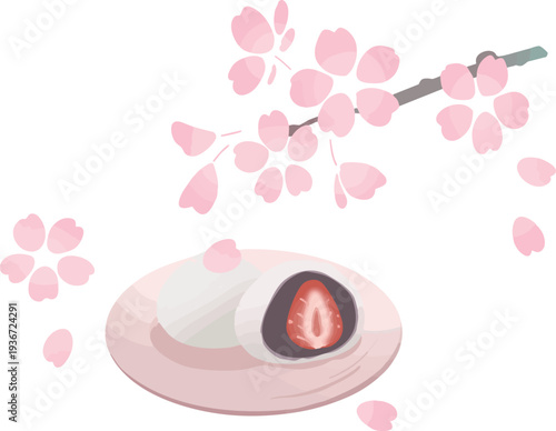 桜の枝といちご大福の和風イラスト 春の和菓子