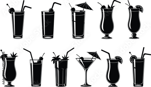 Cocktail glass silhouette illustration, mixed drink artwork, martini highball hurricane design, bar beverage concept, summer party drink template, stylish garnish artwork