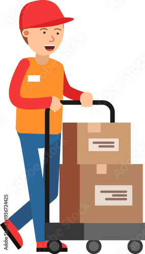 Storage worker push warehouse trolley with paper boxes