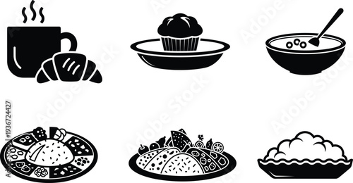 black and white food icons with various dishes and breakfast items on white background
