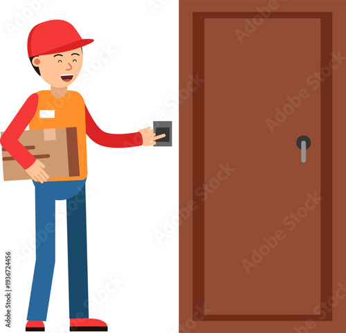 Parcel box delivery cartoon icon. Guy call door ring