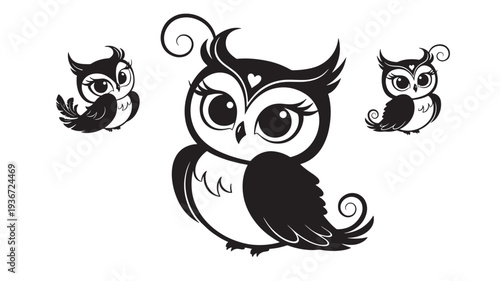 Owls silhouette icon set with large eyes and decorative swirls for a whimsical feel featuring owl, black and white, cute with cartoon and graphic