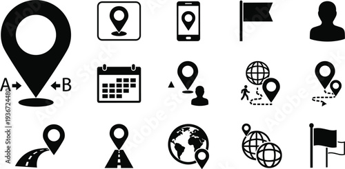 Location navigation and map marker silhouette icon set gps travel direction vector symbols collection