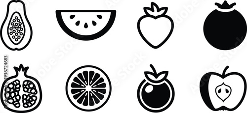 Black and white fruit icons on white background