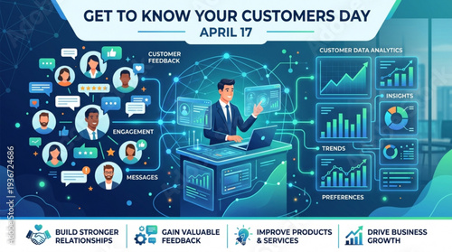 Businessman analyzing customer data on a futuristic dashboard for get to know your customers day on april 17 with graphs and customer profiles