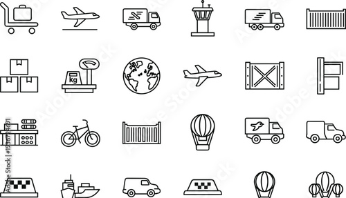 Logistics and transportation outline icon set cargo shipping delivery airplane truck warehouse global freight vector collection