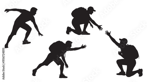 Silhouettes of hikers assisting each other with reaching hands and backpacks on a white background featuring helping, teamwork, climbing with hiking