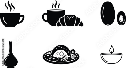 black and white icons of food and drink items on white background