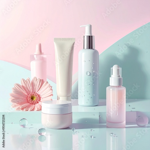 Minimal skincare products arranged on a clean pastel background with soft shadows and water droplets, beauty magazine editorial style, photorealistic