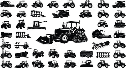 Agricultural machinery silhouette illustration, tractor, combine harvester, plow, trailer, farm equipment design, farming technology artwork, rural agriculture vehicle concept