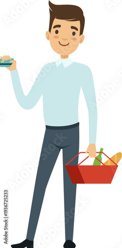 Grocery purchases. Man buy food in supermarket basket