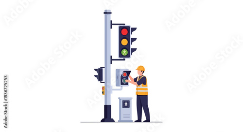 Traffic signal technician repairing light vector