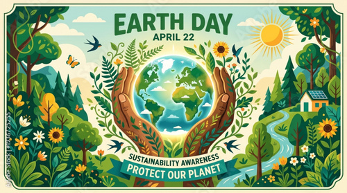 Earth day illustration with hands holding the globe surrounded by nature and sustainability awareness text