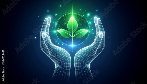 Digital Hands Nurturing Sustainable Growth: Futuristic Technology and Environmental Concept
