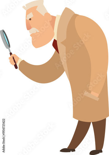 Detective look through magnifying glass. Clue search cartoon icon