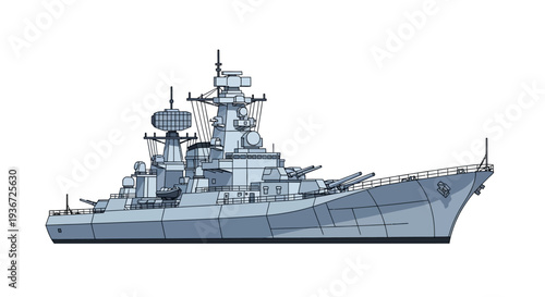 A gray naval warship with various military equipment and technology features against a clean white background