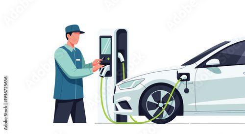 EV charging station attendant assisting vector