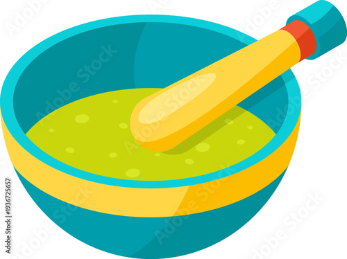 Green medical mixture in mortar with wooden pestle preparation