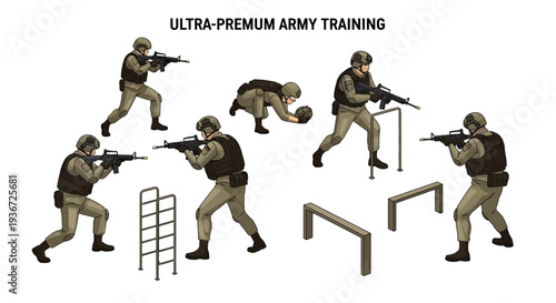 An infographic illustration depicts soldiers in various combat positions with weapons and obstacles in a military training concept