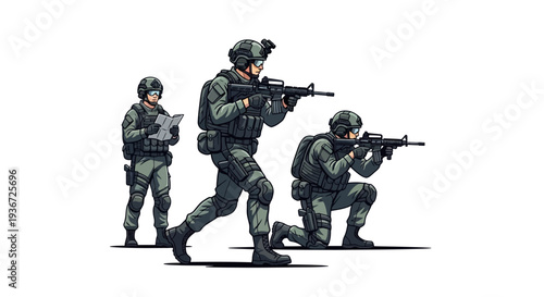 Three armed soldiers in green camouflage uniforms and helmets are aiming their rifles in a tactical formation against a clean white background with a sense of alertness and readiness