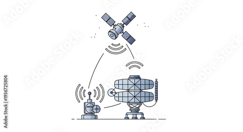 Vector illustration of a satellite communicating with two ground stations through wireless signals, showcasing military technology and transportation concepts