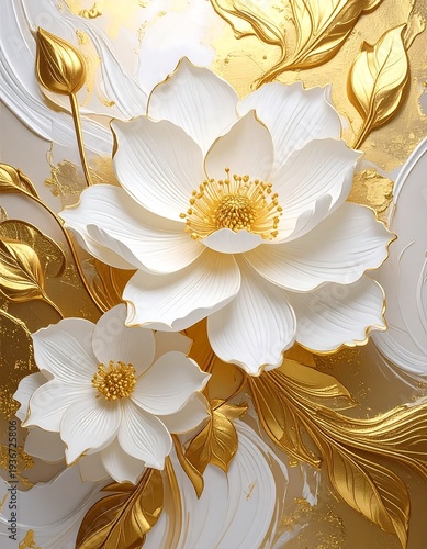 Luxurious white flowers with gold accents and leaves on a shiny golden background