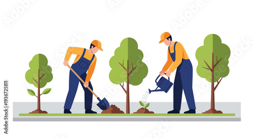 Landscapers planting young trees vector