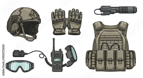 Military gear set including helmet, gloves, tactical vest, goggles, radio, and knife on a clean white background with a technological and protective mood