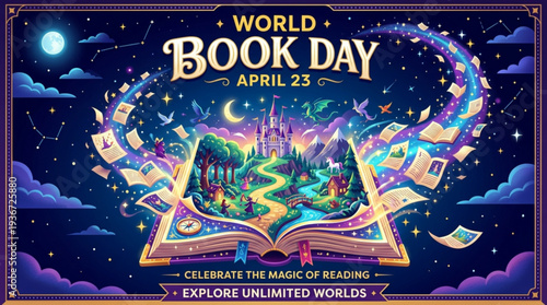 World book day poster with magical open book under starry night sky with floating pages