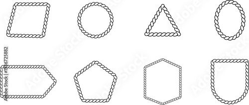 Rope frame border set isolated on white background . Circle, square, oval shape in sea sailor theme. Pattern rope brush. nautical rope collection
