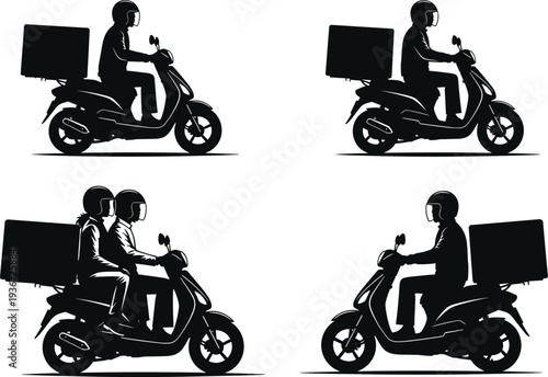 Delivery scooter rider silhouette illustration, food courier service, parcel transport, helmet safety, fast shipping concept, logistics design, urban mobility artwork