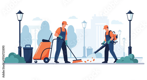 Street cleaners sweeping urban pathway vector