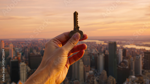 Wallpaper Mural Hand holding a key above a city skyline at sunset. Suitable for banner, article about real estate, investment, success and new opportunities.
 Torontodigital.ca